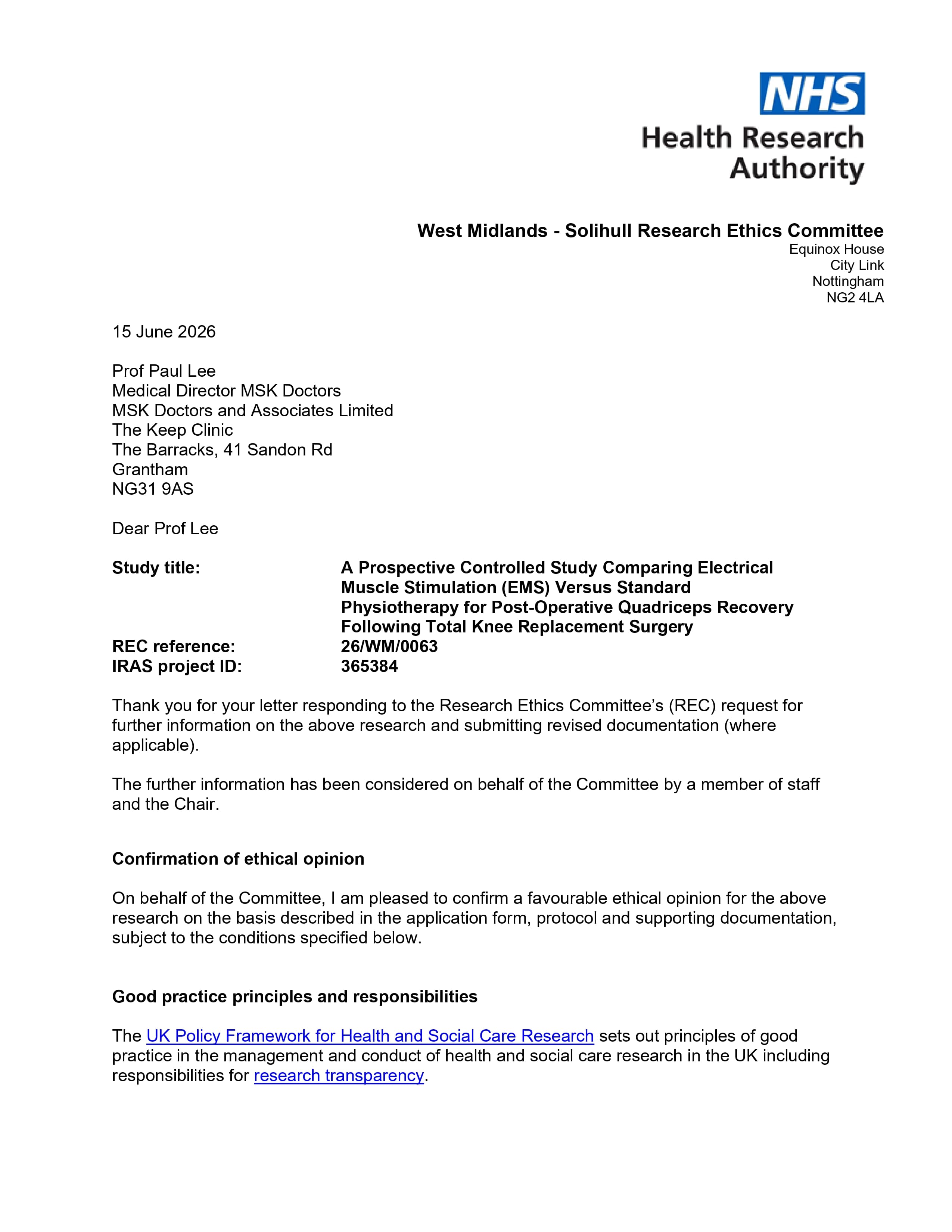 Ethics committee approval document for the Regen EMS Quadriceps Recovery Study